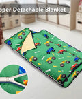 Detachable Toddler Nap Mat With Pillow And Blanket Thickened Extra Large Sleeping Bag in green truck pattern with zipper detail