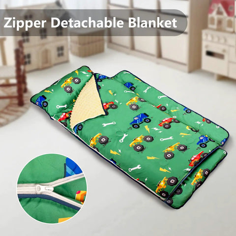 Detachable Toddler Nap Mat With Pillow And Blanket Thickened Extra Large Sleeping Bag in green truck pattern with zipper detail