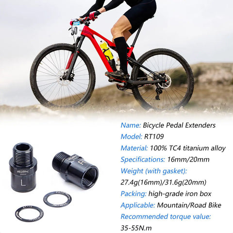 Cyclist on red mountain bike with Titanium Alloy Pedal Extenders 16mm And 20mm With Washer For 9/16 Inch Threaded Pedals