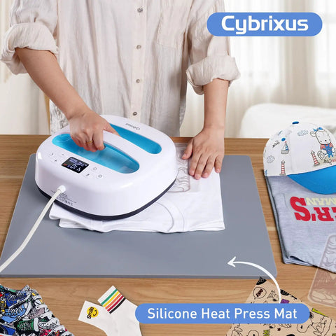 Person using iron on a T-shirt placed on Beefy Silicone Heat Press Mat 16x20 Inch Heavy Duty Double Sided Pad for HTV Heat Transfer Vinyl