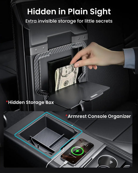 Hidden storage in center console organizer for Tesla Model Y Juniper 2025 2026 and Model 3 Highland 2024 2026 with seamless fit.
