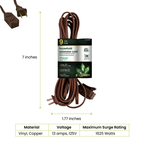 Nine Foot Indoor Extension Cord With Three Outlets Brown Kink Free Design And Child Safe Covers Must Have For Everyday Electronics And Home Office Setups Today, shown in packaging