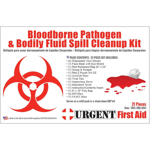 Bloodborne pathogen and bodily fluid spill cleanup kit with red biohazard symbol, 21 piece contents Urgent First Aid