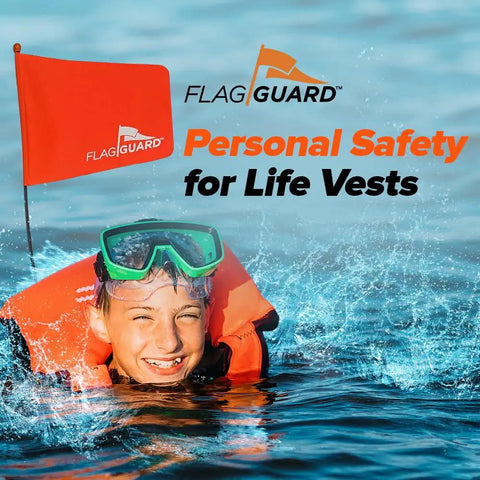 Child swimming with Bright Orange Life Jacket Safety Flag With Adjustable Pouch And Universal Straps, smiling in water.