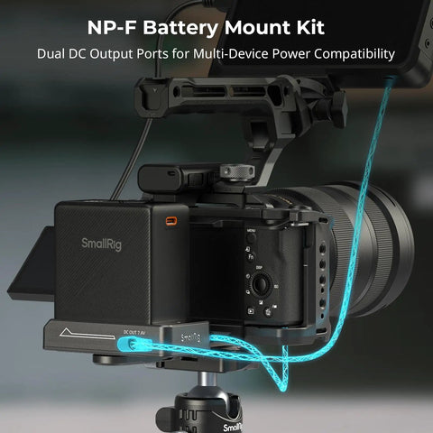 DSLR with NP-F Battery Plate With Quick Release And Arca Swiss Mount, Dual DC Output, for stable multi-device setup.
