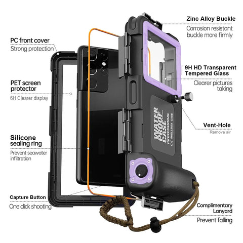 Underwater Phone Case For Snorkeling And Diving 50 Feet Waterproof Protector For iPhone 17 16 15 14 13 12 Pro Max And Galaxy S25 S24 S23 S22 Ultra Plus Beast Mode Photo Video Scuba Housing Purple Black showcasing case features and components