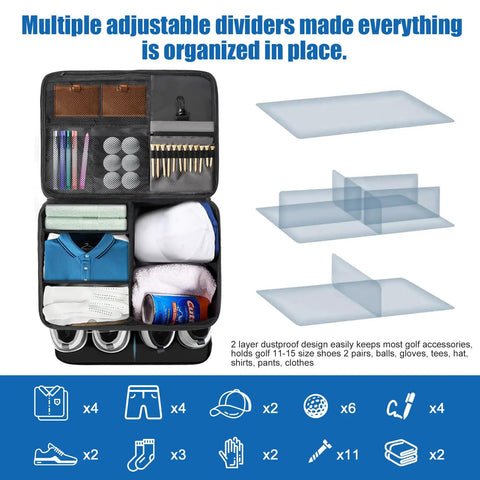 Two Layer Golf Trunk Organizer For Car And SUV With Shoe Compartment And Dividers Waterproof Golf Gear Bag For Men And All Your Golf Accessories Storage On The Go, showing arranged items and dividers.