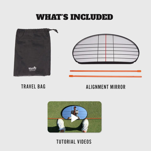 Alignment Mirror With Two Alignment Rods Portable Golf Training Aid kit with mirror, rods, travel bag, and tutorial videos
