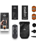 Nanopresso Portable Espresso Maker With 18 Bar Pressure Manual Battery Free Travel Coffee Kit For Rich Crema On The Go Evolution From Minipresso Compact Grey shown with accessories including a carrying pouch and spare parts.