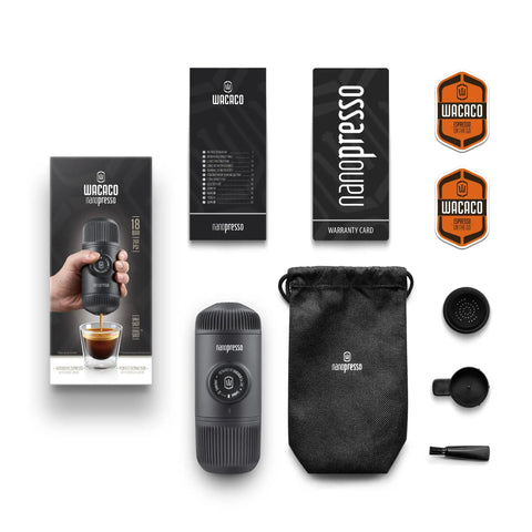 Nanopresso Portable Espresso Maker With 18 Bar Pressure Manual Battery Free Travel Coffee Kit For Rich Crema On The Go Evolution From Minipresso Compact Grey shown with accessories including a carrying pouch and spare parts.