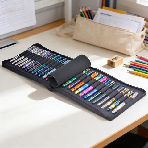 24 Slot Fountain Pen Case Black Organizer Bag Waterproof Canvas Pen Display Holder With Individual Slots And Zippered Storage
