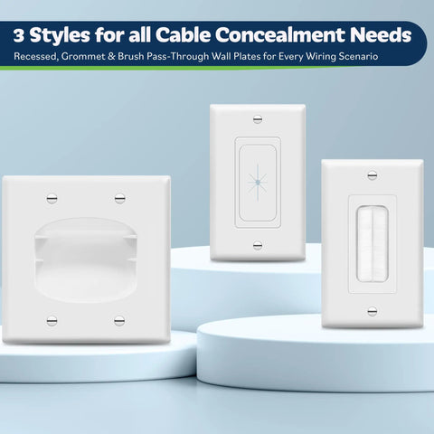 Flexible Rubber Cable Pass Through Wall Plate 2 Pack For Hdmi Coax And Speaker Wire Low Voltage Home Theater Gaming Setup Cord Management Faceplate showing three styles of wall plates on a blue background.