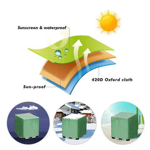 Green 275 Gallon IBC Tote Cover Slick Waterproof Hood Hella Durable Sunshade For Garden Rain Water Tank shown with 420D Oxford cloth.