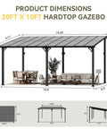 20ft x 10ft hardtop gazebo with metal frame and sloped roof, outdoor furniture underneath, diagram showing dimensions