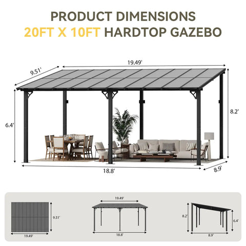 20ft x 10ft hardtop gazebo with metal frame and sloped roof, outdoor furniture underneath, diagram showing dimensions