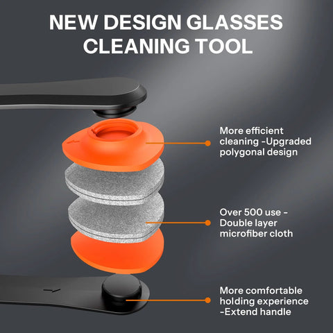 Glasses cleaning tool with orange cap and stacked gray microfiber cloth discs (close-up view)