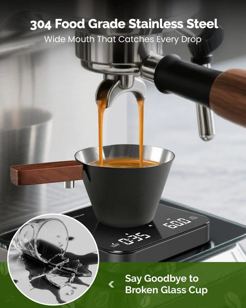 Stainless Steel Espresso Measuring Cup With Wide Mouth And V Shaped Pour Spout, Easy Grip Handle, Built In Scale For Latte Cappuccino Americano Macchiato, Pro Grade For Home Baristas Black collecting espresso from machine.