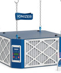 Rock Solid 360 Degree Intake Air Filtration System With 1350 CFM Vortex Fan Built Ionizer, blue housing, remote control, suspended.