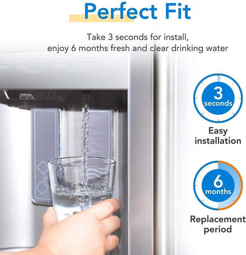 Glass of water filling from refrigerator with Replacement Refrigerator Water Filter 4 UKF8001 Series Fits Your Go To Home Water