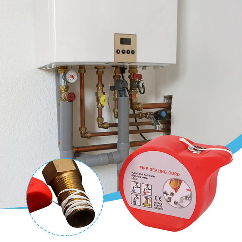 Pipe connection wrapped with High-Temperature Hose Repair Tape Leak-Proof Rope Water Pipe Sealing Cord, product packaging shown.