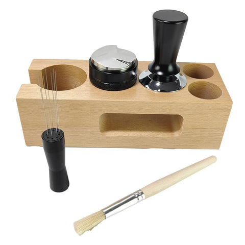 Top Tier Wood Coffee Tamper With Precision Powder Distributor Kit Legit Barista Gear for espresso prep, five-piece wooden set.