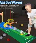 Child playing with Dinosaur Themed Kids Golf Set For Ages 3 To 6 With Automatic Ball Returner Light Up Balls Indoor Outdoor Putting Mat Toddler Golf Clubs Super Fun Birthday Gift For Boys And Girls on a putting mat indoors.