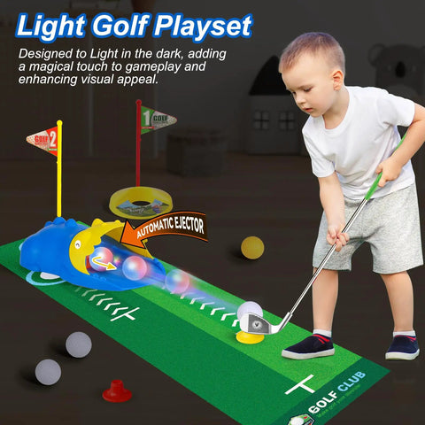 Child playing with Dinosaur Themed Kids Golf Set For Ages 3 To 6 With Automatic Ball Returner Light Up Balls Indoor Outdoor Putting Mat Toddler Golf Clubs Super Fun Birthday Gift For Boys And Girls on a putting mat indoors.