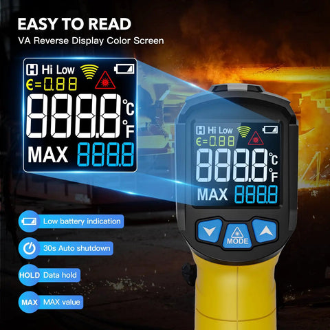 Non Contact Infrared Thermometer Gun With Adjustable Emissivity And Max Readout, laser display and data hold