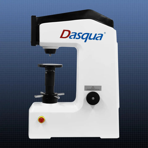 Rock Solid Digital Rockwell Hardness Tester With Four Inch Color Touch Screen And Motorized Build For Smooth HRA HRB HRC Testing Plus Instant Brinell And Vickers Scale Conversion side view showing measurement components.