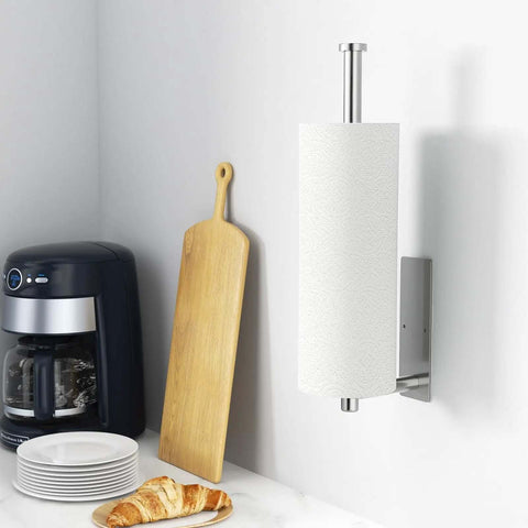 Stainless Steel Paper Towel Holder With Self Adhesive Or Drilling Mount Brushed Nickel Finish wall-mounted in a kitchen setting.