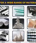 Various materials including stainless steel, glass, cast iron, plastic, jade, wood, stone, ceramics, and hardened steel for crafting.