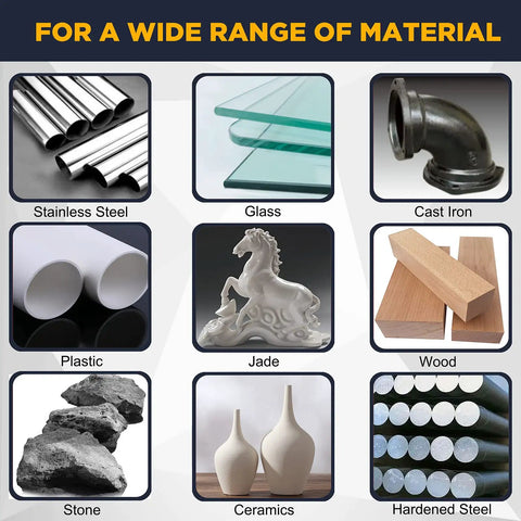 Various materials including stainless steel, glass, cast iron, plastic, jade, wood, stone, ceramics, and hardened steel for crafting.