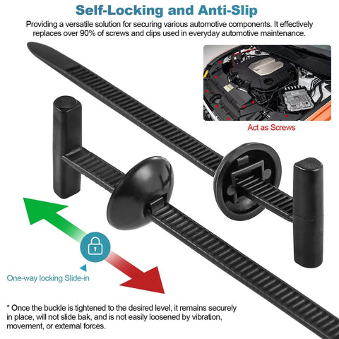 Close-up of 2nd Gen Nylon Universal Cable Ties Buckle Kit showing self-locking zip ties with pin and button mechanism for auto repair.