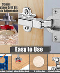 Amazon Yakamoz 35mm concealed hinge jig kit with blue drill guide and installed door hinge