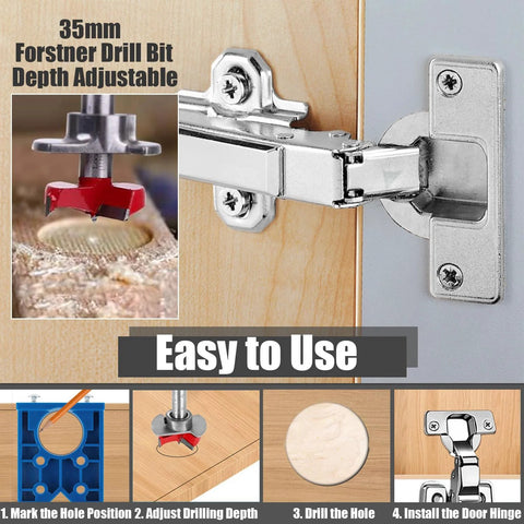 Amazon Yakamoz 35mm concealed hinge jig kit with blue drill guide and installed door hinge