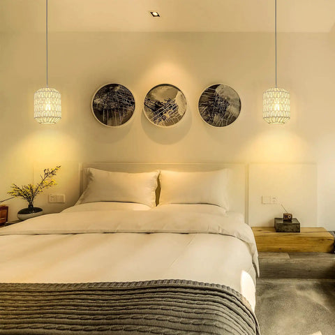 Bedroom with Plug In Pendant Light With LED Bulb Included, Rattan Wicker Boho Chandelier, Hand Woven Hanging Lamp On A 16ft Dimmable Cord