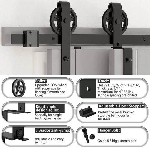 Heavy Duty Sliding Barn Door Track Hardware Kit With Rolling Library Ladder And Bypass Rails For Single Or Double Wooden Doors In Low Ceiling Spaces Six Millimeter Carbon Steel Black Powder Coated Quiet Roller Bearings Boss Built For Ultra Smooth Open detailed image showing components and features.