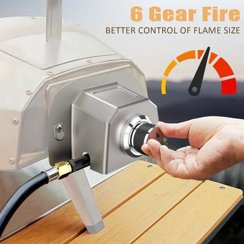 Propane Gas Burner Attachment For Karu 12 12G Karu 2 And Fyra 12 Pizza Ovens, showing flame control knob, installed view.