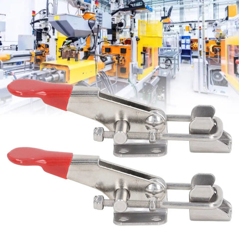 Two Pack Toggle Clamp Pull Latches Heavy Duty Stainless Steel 400Lb Capacity Set in industrial setting