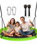 Large 48 Inch Saucer Tree Swing For Kids And Adults, family sitting on green swing with 700 lbs weight capacity, adjustable straps visible