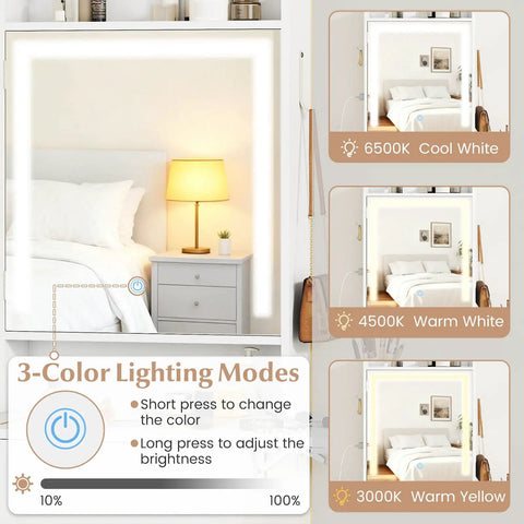 Lighting modes for Girls 20 Inch Vanity Desk With Lighted Mirror And Charging Station in bedroom setting.
