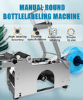 Manual Round Bottle Labeling Machine with stainless steel design, adjustable components for cylinder containers and high accuracy, featuring blue label roll.