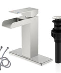 Waterfall Style Bathroom Sink Faucet With Brushed Nickel Finish, Single Handle Control, Pop Up Drain, Escutcheons, Hoses