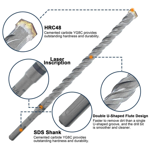 Heavy Duty Rotary Hammer Drill Bits Set And Chisels For SDS Plus Concrete Masonry 17 Piece Kit with carbide tips details