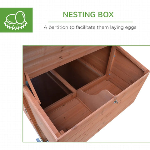 96.5-Inch Wooden Chicken Coop With Portable Wheels, Hen House And Nesting Box interior design for easy egg collection.