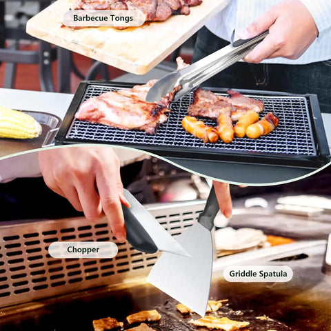 Close-up of All In One 45 Piece Griddle Accessories Kit for Flat Top Grills with tongs and spatula in use during barbecue.