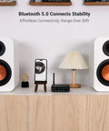 BT30D Bluetooth 5.0 2.1 Channel Stereo Receiver Amplifier setup with speakers on a cabinet