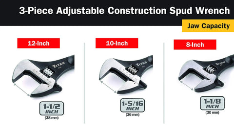 3-Piece Adjustable Construction Spud Wrench Set with 12-inch 1-1/2, 10-inch 1-5/16, 8-inch 1-1/8 jaws, showing jaw capacities.