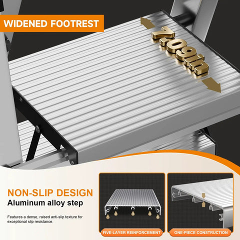 Heavy Duty Folding Step Ladder With Handrail 11 Steps Stainless Steel Anti Slip Pedals Sponge Handrail Safe Lock Design Space Saving Tall Kitchen Closet Ladder For Home And Garage Use widened footrest and non-slip aluminum step detail