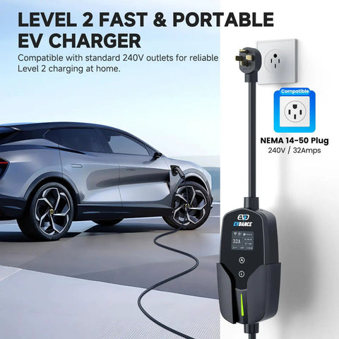 Level 2 Portable EV Charger With 32A 7.68kW Output 25Ft Cable Plug And Play App Control charging electric car